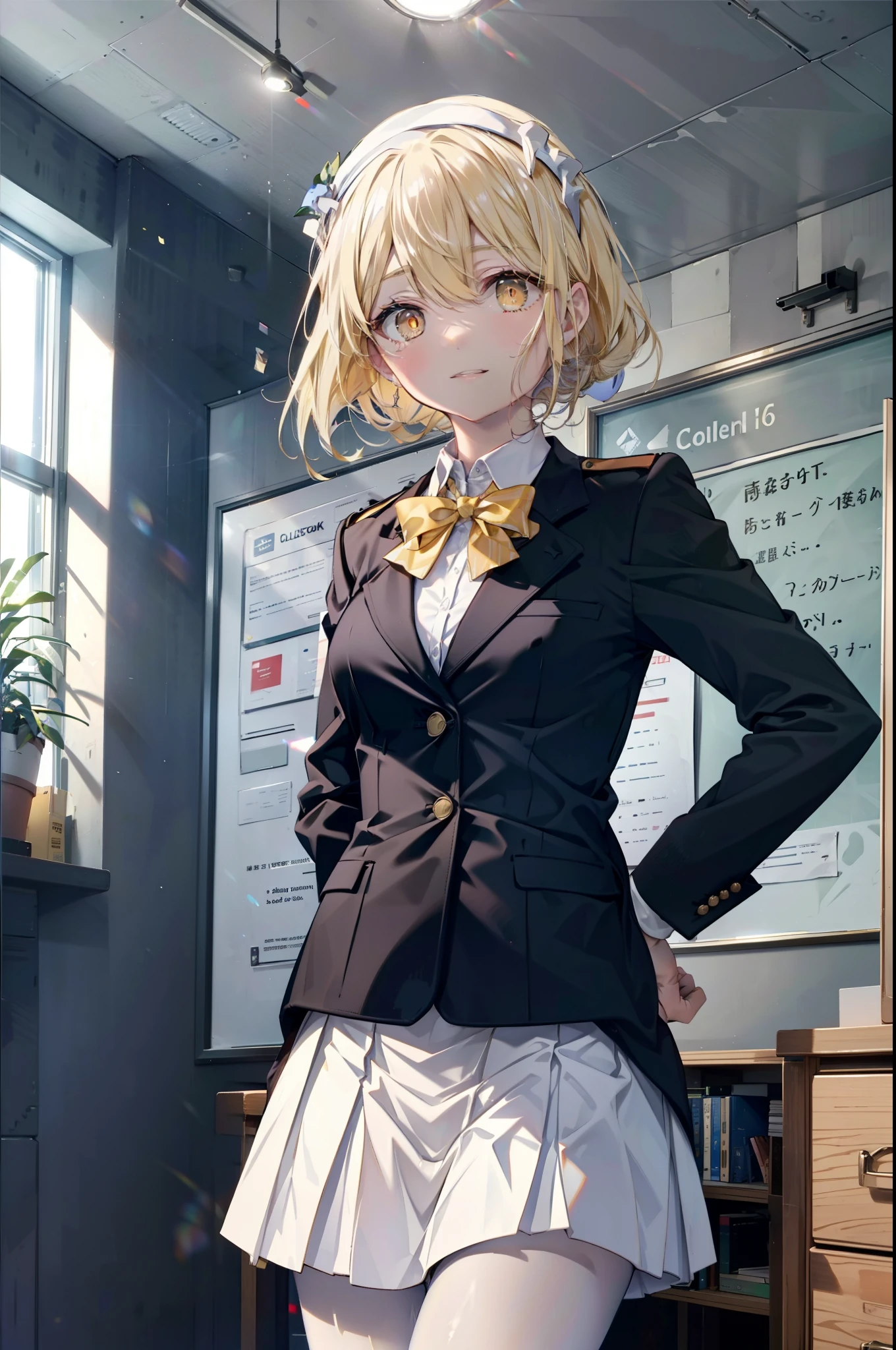 Izvalenstein, Eyes Wallenstein, Blonde Hair, Hair between the eyes, White headband, Long Hair, (Yellow Eyes:1.5), Side Lock,smile,blush,, uniform, blazer, shirt, white shirt, collared shirt, skirt, pleated skirt,Black pantyhose,Brown Loafers,There is an open textbook on the desk.,He rested his right elbow on the desk、Place one&#39;s chin on the table.,Sitting in a chair,
break looking at viewer,whole body,
break indoors, classroom,
break (masterpiece:1.2), highest quality, High resolution, unity 8k wallpaper, (shape:0.8), (Fine and beautiful eyes:1.6), Highly detailed face, Perfect lighting, Highly detailed CG, (Perfect hands, Perfect Anatomy),