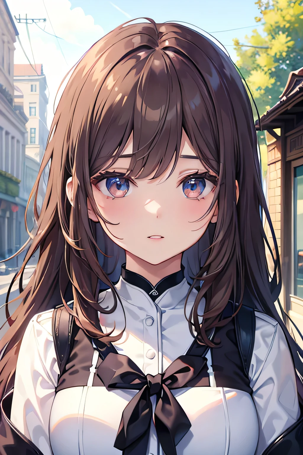 ((highest quality)), ((masterpiece)), (detailed), Perfect Face、8K、In front of the station、Brown Hair、Private Server、Upper Body、True Face、I can't think clearly、