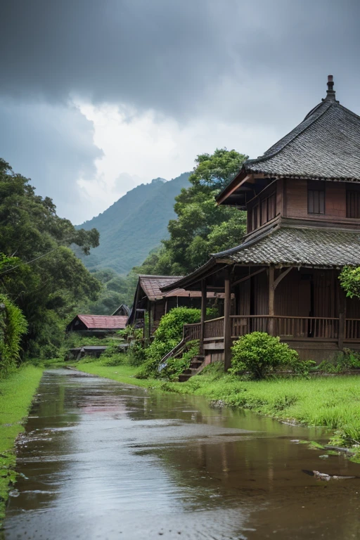 Long rainy season, a stream, croaking frogs, an old house, (rainy day:1.3)