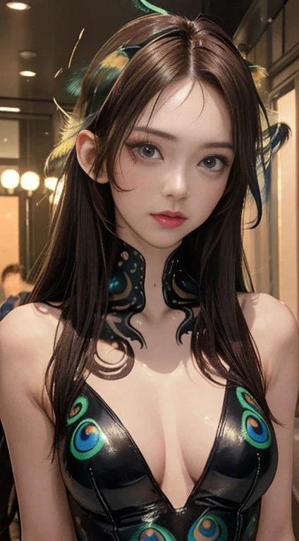 ((Realistic lighting, highest quality, 8k, masterpiece: 1.3)), Clear focus: 1.2, 1 girl, Perfect body beauty: 1.4, Slim Abs: 1.1, ((Dark brown hair, Big Breasts: 1.3)), (Finished with body paint,Body Painting Costume, transparent_Catsuit with peacock feather pattern and deep slits : 1.4), (outside, Night view: 1.1),ruins,Yokohama,Body Paint Dresses, whole body, Long legs, Highly detailed face, Fine Eyes, double eyelid