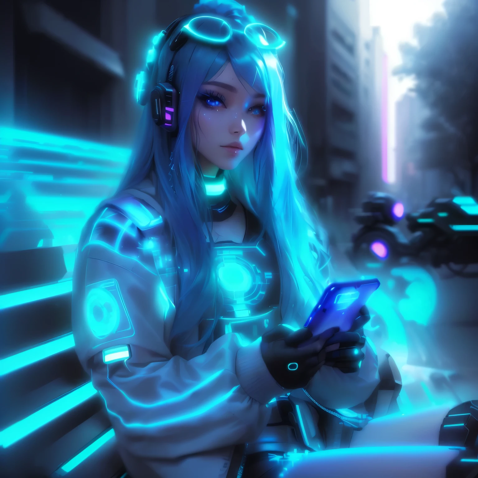 Blue haired arabian woman sitting on a bench and using a mobile phone, cyber style, Glowwave girl portrait, Ghost girl with glowing lens flare, Glitch Punk Girl, Cyber , Shiny Hair, Bright Cyberpunk Glow, Cyber aesthetics, Dreamy Cyberpunk Girl, Wear futuristic clothes, Perfect android girl, Tron Angel, Cyber Universe Style, Cute Cyborg Girl。I drew different variations of a cyberpunk-style vocaloid girl looking at her smartphone.。Neon light outfit、Futuristic accessories、It features an urban background。New variations