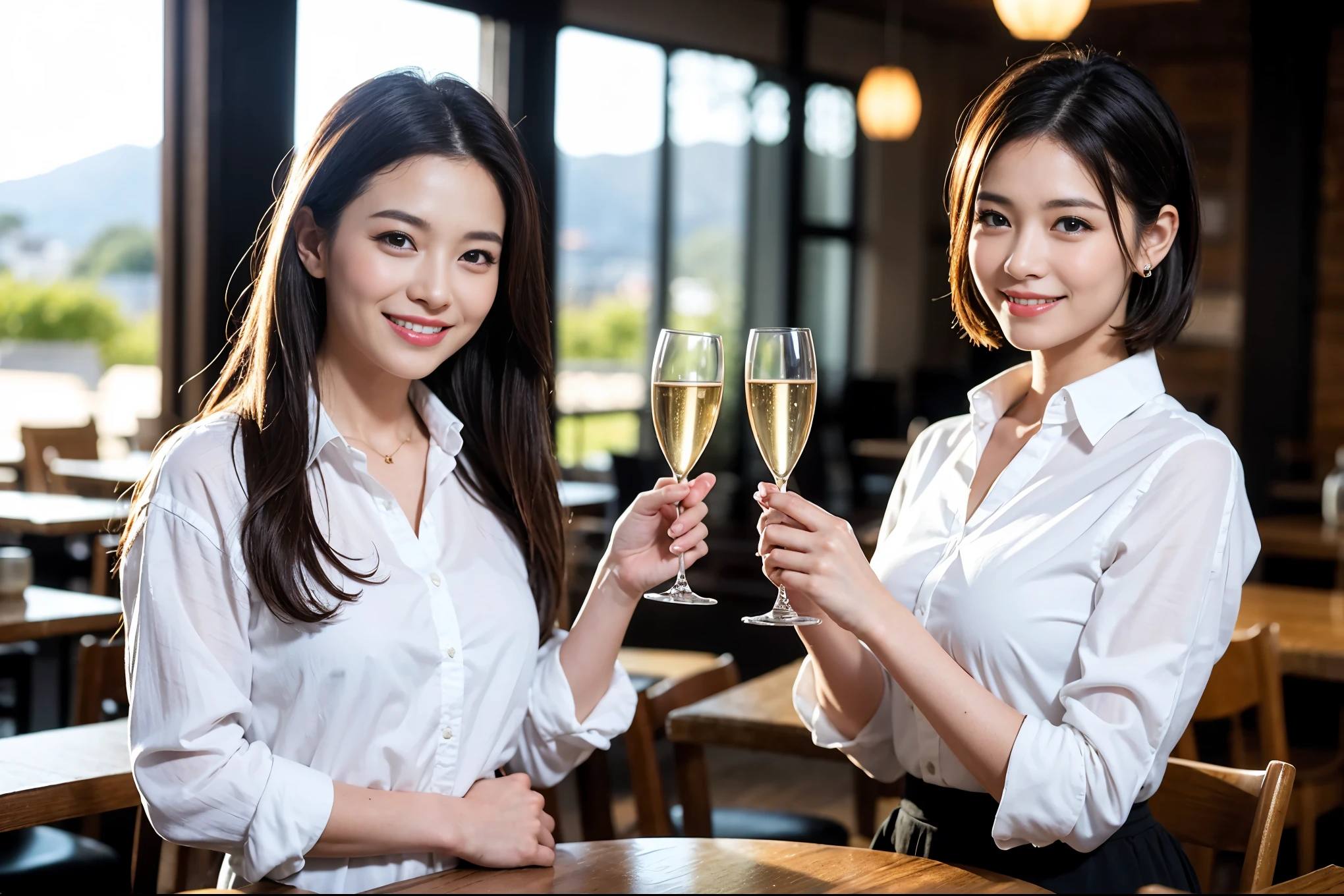 ((highest quality、8k、masterpiece:1.3))、1 male、1 female、Couple、Spouse、石原さとみ似美女Couple、The body is slim、((Bob Hale、Straight hair:1.2)), (Realistic, Intricate details:1.2), テーブルの上のwine glass、Put the light on your face、 Amazing view of the sunset sky and clouds、Amazing mountain views、A bright smile、The wonderfulness of smile、Bright image、The beauty of wine, Beautiful Face, blue eyes, The light shines on your face, Blushing, short hair,Bright Face、 (45 years old), 39 years old, red wine 、Appetizers、Italian food、Wine bottle、Champagne、sparkling wine、Two beauties、Brown Hair、Shortcuts、Long sleeve shirt、dress、Pretty Woman 1, (slimな顔), (The body is slim), (Brown Hair), (Shortcuts), cheeks turn a little red,Attractive beauty、restaurant, In a prominent place (From the waist up) Nova Frog Style, actress, model, Upper Body, White wine, slim, wine glass, 中央に置かれたwine glass, smile, (smile: 1.15), Beautiful fine grain, Depth f/2,saturation, High Contrast, Strong light and shadow,Moist Body:1.5、3D texture、Delicate eyes、Brown Hair、The hair is very shiny、