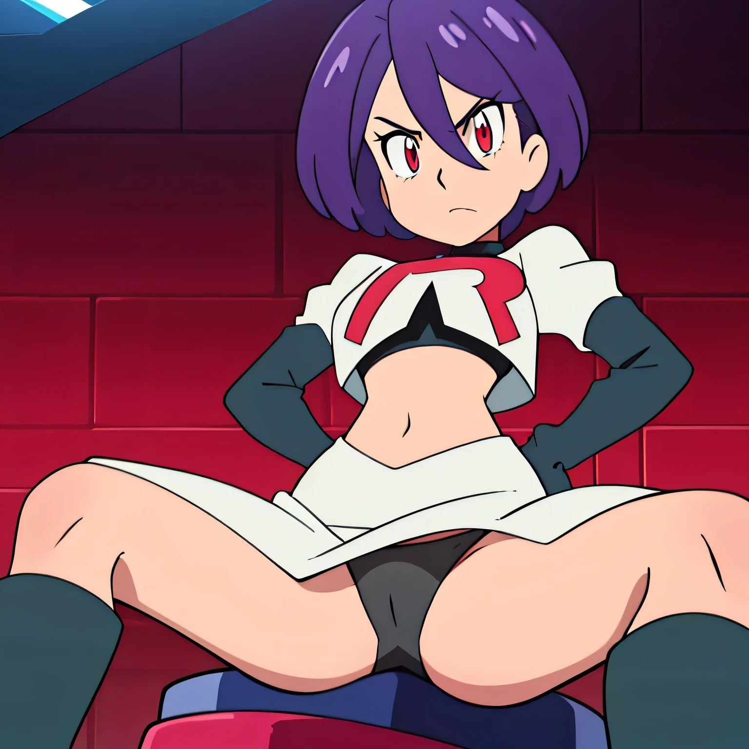 Colorful , masutepiece, Best Quality, 1girl in, , purple hair, middle hair, spike hair, Evil Female Executive, Goth ta Costume, a miniskirt, White stockings, Large red ribbon, a choker, White inner, black clothes, black boots, bat wings, , from below, looking at viewer, contrapposto, hand on hip, hairs between eyes, red eyes, shiny eyes,masterpiece,best quality,high res,high quality,8k, masterpiece,highres, team rocket uniform, red letter r, white skirt,white crop top,black thigh-high boots, black elbow gloves, glaring angrily, looking down at viewer, hands on hips, cowboy shot, zettai ryouiki,sitting on toilet.spread legs,from below, black panties,detailed facial features, highly detailed, 8k, photorealistic, vibrant colors, dramatic lighting, cinematic composition,