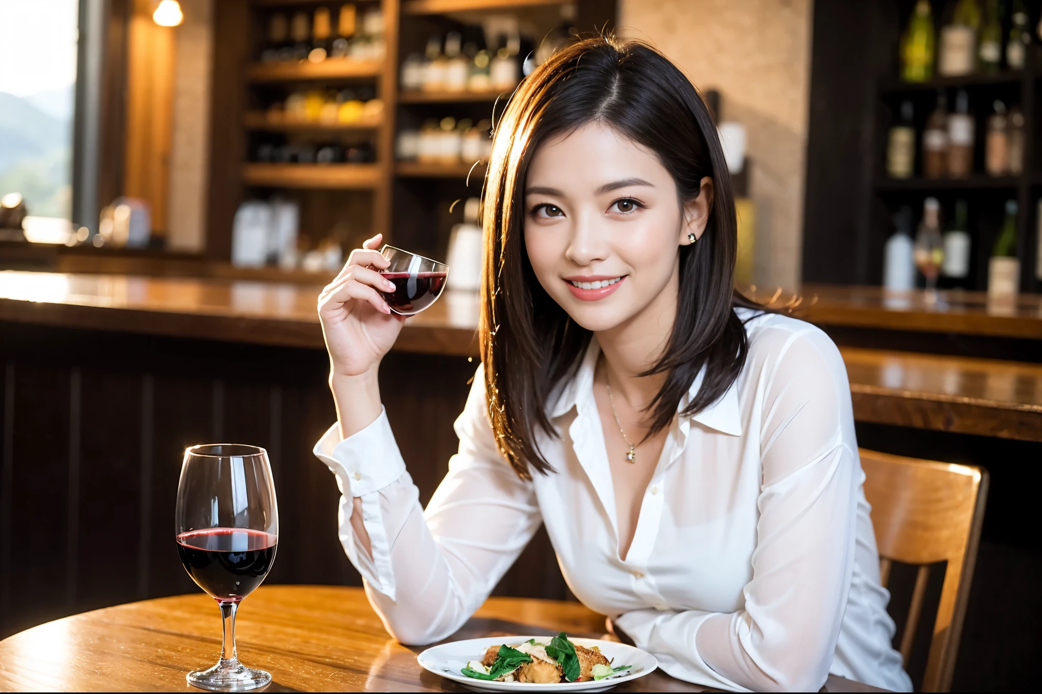 ((highest quality、8k、masterpiece:1.3))、1 male、1 female、Couple、Spouse、石原さとみ似美女Couple、The body is slim、((Bob Hale、Straight hair:1.2)), (Realistic, Intricate details:1.2), テーブルの上のwine glass、Put the light on your face、 Amazing view of the sunset sky and clouds、Amazing mountain views、A bright smile、The wonderfulness of smile、Bright image、The beauty of wine, Beautiful Face, blue eyes, The light shines on your face, Blushing, short hair,Bright Face、 (45 years old), 39 years old, red wine 、Appetizers、Italian food、Wine bottle、Champagne、sparkling wine、Two beauties、Brown Hair、Shortcuts、Long sleeve shirt、dress、Pretty Woman 1, (slimな顔), (The body is slim), (Brown Hair), (Shortcuts), cheeks turn a little red,Attractive beauty、restaurant, In a prominent place (From the waist up) Nova Frog Style, actress, model, Upper Body, White wine, slim, wine glass, 中央に置かれたwine glass, smile, (smile: 1.15), Beautiful fine grain, Depth f/2,saturation, High Contrast, Strong light and shadow,Moist Body:1.5、3D texture、Delicate eyes、Brown Hair、The hair is very shiny、