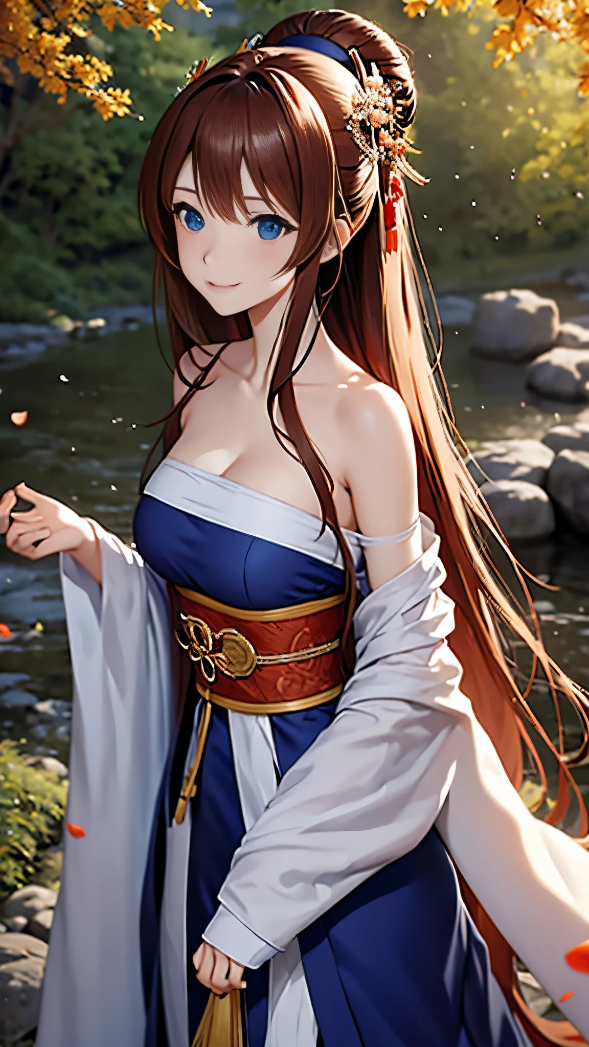 masterpiece,Japanese anime style,Beautiful girl with long straight reddish brown hair and blue eyes,Petite and cute figure,Medium breasts,beautiful face,Smile,walk in the woods, Wearing strapless gorgeous Hanfu，The breeze blew her face，petals falling from the sky，The skirt flutters，Elegant picture