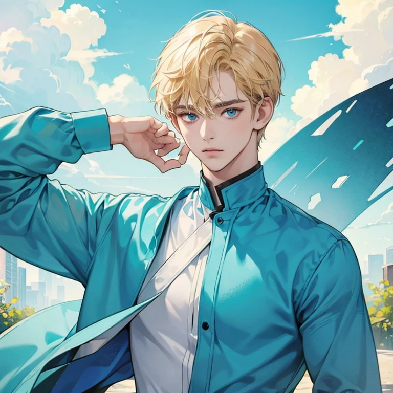 Masterpiece, best quality, solo, 1 male, short hair, turquoise eyes, blond hair, blue clothes