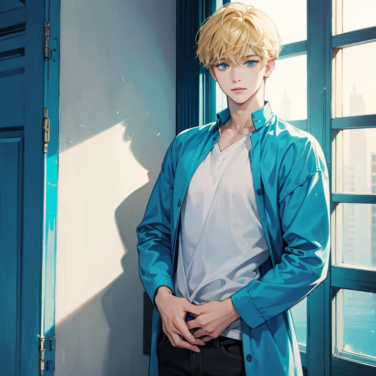 Masterpiece, best quality, solo, 1 male, short hair, turquoise eyes, blond hair, blue clothes
