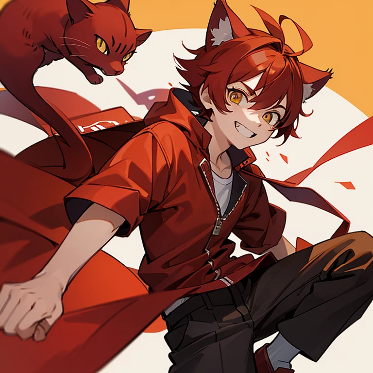 、boy、grinning、Red hair、Wearing red cat ears、Posing as a cat、Yellow eye color、Cat's eye