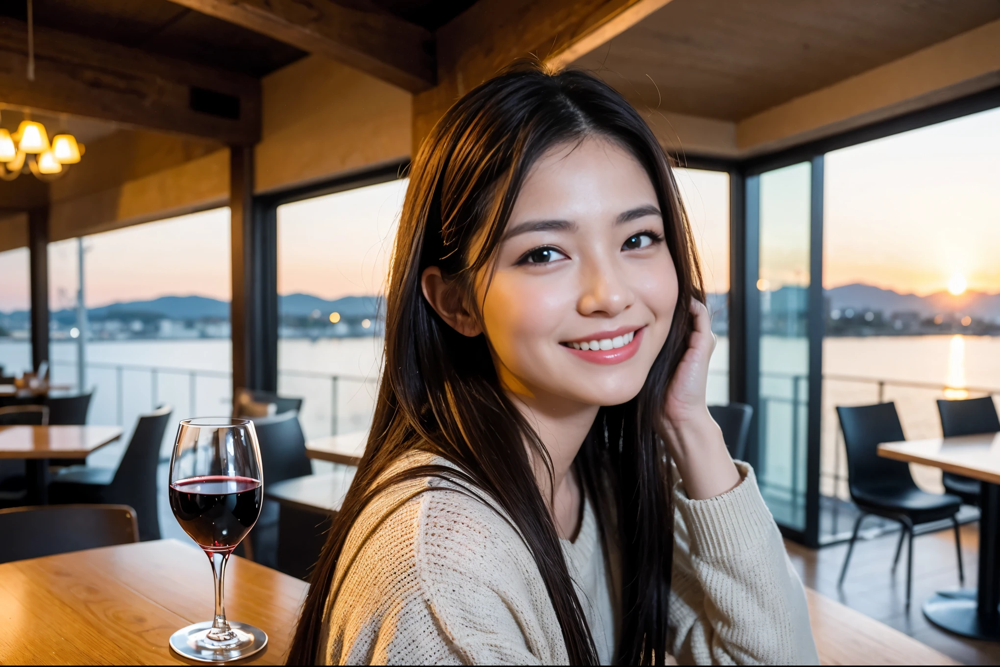 ((highest quality、8k、masterpiece:1.3))、1 male、1 female、石原さとみ似美女Couple、Spouse、Couple、The body is slim、((Bob Hale、Straight hair:1.2)), (Realistic, Intricate details:1.2), テーブルの上のwine glass、Put the light on your face、 Amazing view of the sunset sky and clouds、Amazing mountain views、A bright smile、The wonderfulness of smile、Bright image、The beauty of wine, Beautiful Face, blue eyes, The light shines on your face, Blushing, short hair,Bright Face、 (Age 37), "41 years old, red wine 、Appetizers、Italian food、Wine bottle、Champagne、sparkling wine、Two beauties、Brown Hair、Shortcuts、Long sleeve shirt、dress、Pretty Woman 1, (slimな顔), (The body is slim), (Brown Hair), (Shortcuts), cheeks turn a little red,Attractive beauty、restaurant, In a prominent place (From the waist up) Nova Frog Style, actress, model, Upper Body, White wine, slim, wine glass, 中央に置かれたwine glass, smile, (smile: 1.15), Beautiful fine grain, Depth f/2,saturation, High Contrast, Strong light and shadow,Moist Body:1.5、3D texture、Delicate eyes、Brown Hair、The hair is very shiny、