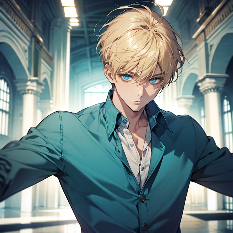 Masterpiece, best quality, solo, 1 male, short hair, turquoise eyes, blond hair, blue clothes