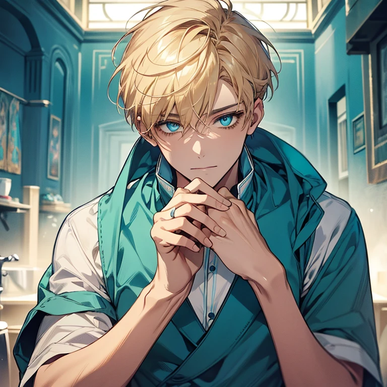 Masterpiece, best quality, solo, 1 male, short hair, turquoise eyes, blond hair, blue clothes