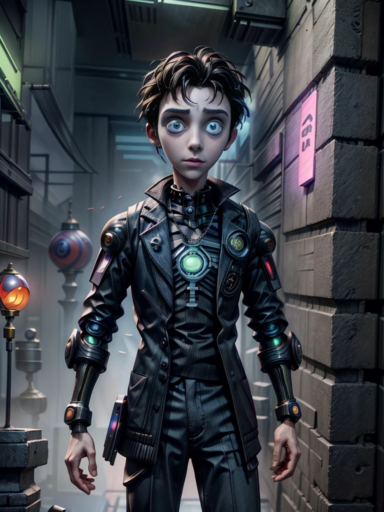 Absurd masterpiece HDR high quality image of a portrait of ((a young student boy, 16 years old, handsome)), ((Tim Burton Cyberpunk theme style))