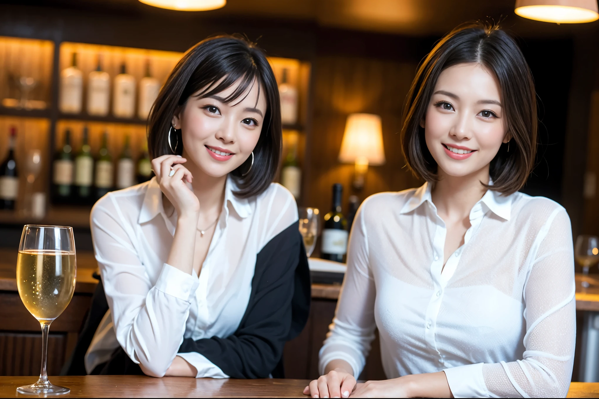 ((highest quality、8k、masterpiece:1.3))、1 male、1 female、石原さとみ似美女Couple、Spouse、Couple、The body is slim、((Bob Hale、Straight hair:1.2)), (Realistic, Intricate details:1.2), テーブルの上のwine glass、Put the light on your face、 Amazing view of the sunset sky and clouds、Amazing mountain views、A bright smile、The wonderfulness of smile、Bright image、The beauty of wine, Beautiful Face, blue eyes, The light shines on your face, Blushing, short hair,Bright Face、 (Age 37), "41 years old, red wine 、Appetizers、Italian food、Wine bottle、Champagne、sparkling wine、Two beauties、Brown Hair、Shortcuts、Long sleeve shirt、dress、Pretty Woman 1, (slimな顔), (The body is slim), (Brown Hair), (Shortcuts), cheeks turn a little red,Attractive beauty、restaurant, In a prominent place (From the waist up) Nova Frog Style, actress, model, Upper Body, White wine, slim, wine glass, 中央に置かれたwine glass, smile, (smile: 1.15), Beautiful fine grain, Depth f/2,saturation, High Contrast, Strong light and shadow,Moist Body:1.5、3D texture、Delicate eyes、Brown Hair、The hair is very shiny、