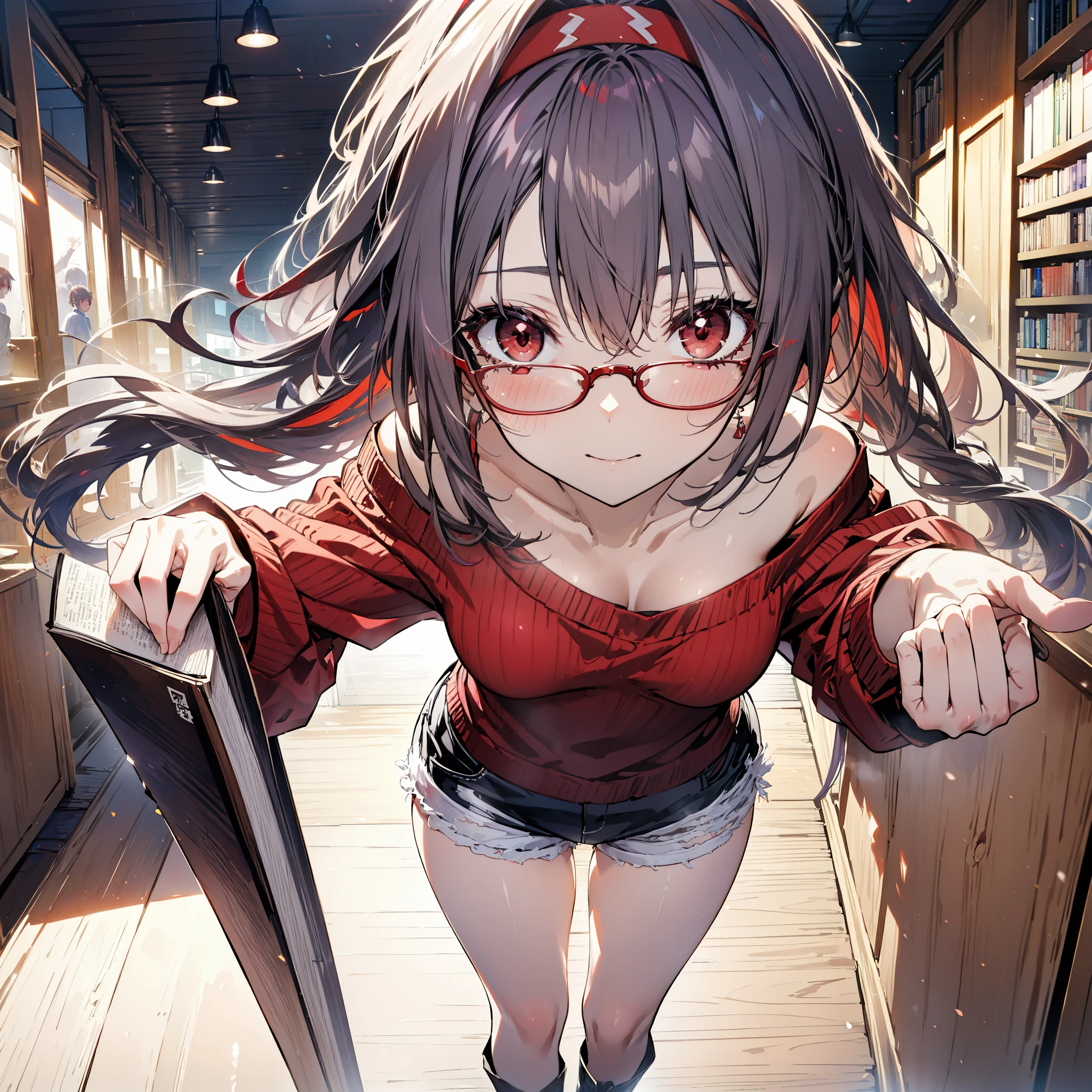 yuukikonno, Konno Yuuki, hair band, Long Hair, Pointed Ears, Purple Hair, (Red eyes:1.5), (Small breasts:1.2), Close your mouth,smile、,Long braids,Black-rimmed glasses,Oversized one-shoulder sweater,Shorts,short boots,Holding a book in both arms,
壊す looking at viewer, whole body,
Break indoors, figure書館
壊す (masterpiece:1.2), highest quality, High resolution, unity 8k wallpaper, (figure:0.8), (Beautiful fine details:1.6), Highly detailed face, Perfect lighting, Highly detailed CG, (Perfect hands, Perfect Anatomy),