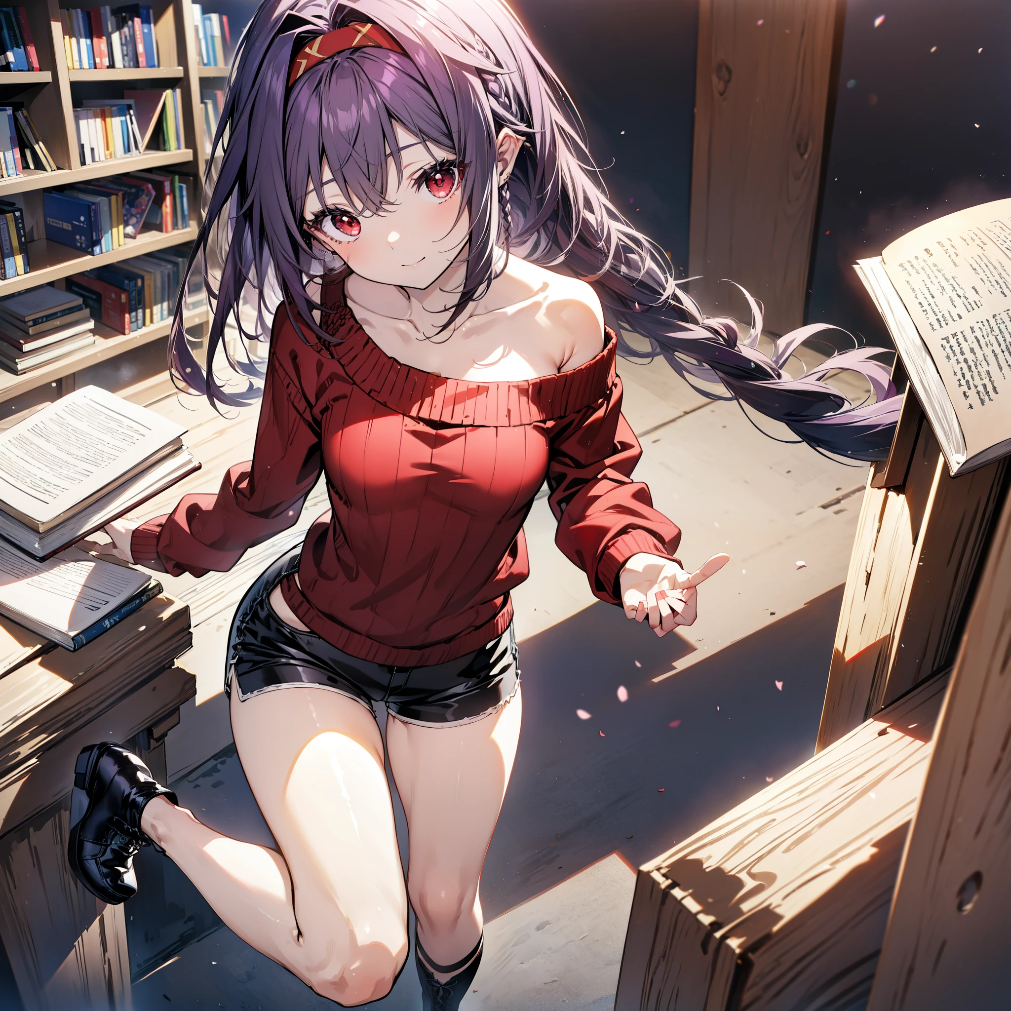 yuukikonno, Konno Yuuki, hair band, Long Hair, Pointed Ears, Purple Hair, (Red eyes:1.5), (Small breasts:1.2), Close your mouth,smile、,Long braids,Black-rimmed glasses,Oversized one-shoulder sweater,Shorts,short boots,Holding a book in both arms,
壊す looking at viewer, whole body,
Break indoors, figure書館
壊す (masterpiece:1.2), highest quality, High resolution, unity 8k wallpaper, (figure:0.8), (Beautiful fine details:1.6), Highly detailed face, Perfect lighting, Highly detailed CG, (Perfect hands, Perfect Anatomy),