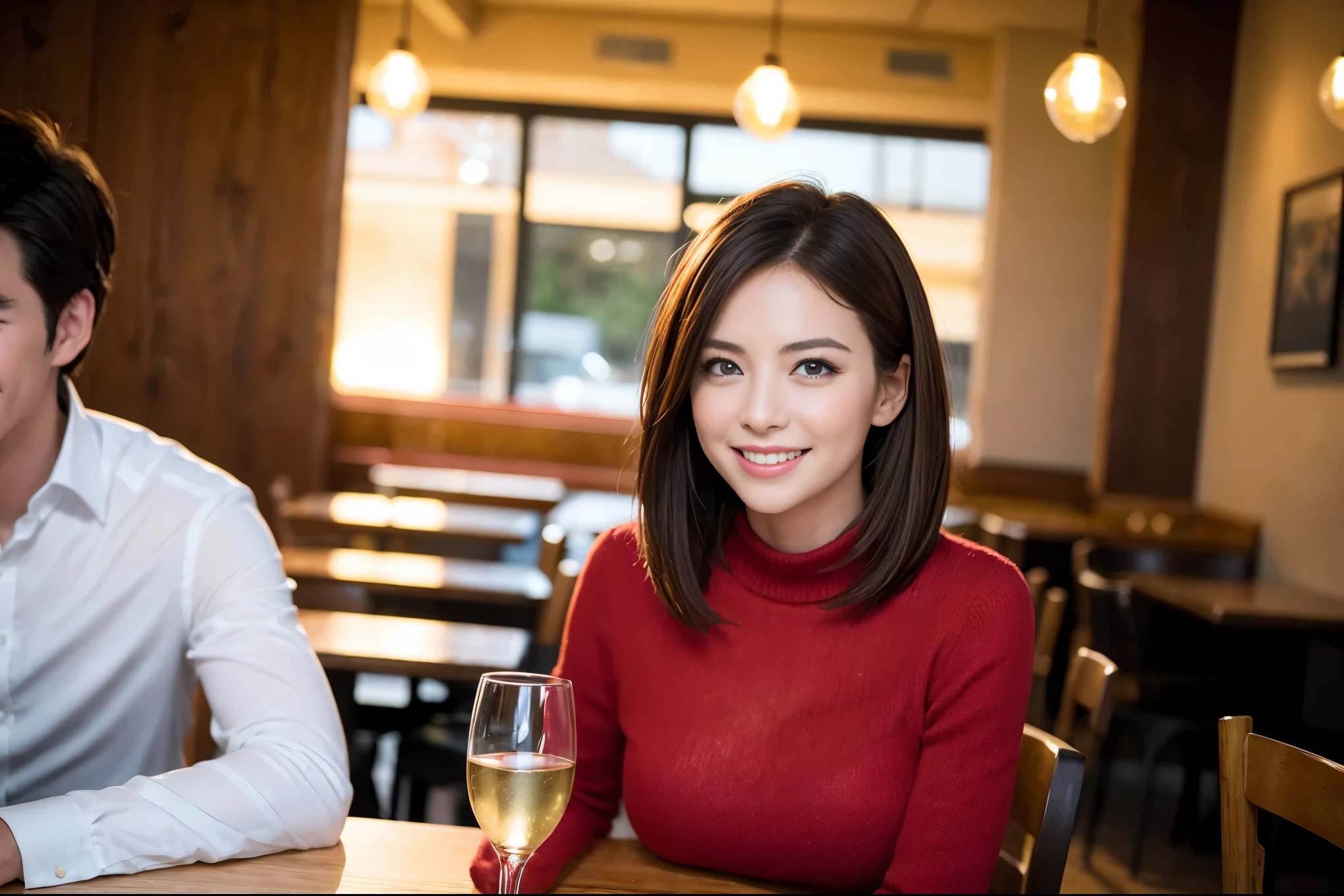 ((highest quality、8k、masterpiece:1.3))、1 male、1 female、石原さとみ似美女Couple、Spouse、Couple、The body is slim、((Bob Hale、Straight hair:1.2)), (Realistic, Intricate details:1.2), テーブルの上のwine glass、Put the light on your face、 Amazing view of the sunset sky and clouds、Amazing mountain views、A bright smile、The wonderfulness of smile、Bright image、The beauty of wine, Beautiful Face, blue eyes, The light shines on your face, Blushing, short hair,Bright Face、 (Age 37), "41 years old, red wine 、Appetizers、Italian food、Wine bottle、Champagne、sparkling wine、Two beauties、Brown Hair、Shortcuts、Long sleeve shirt、dress、Pretty Woman 1, (slimな顔), (The body is slim), (Brown Hair), (Shortcuts), cheeks turn a little red,Attractive beauty、restaurant, In a prominent place (From the waist up) Nova Frog Style, actress, model, Upper Body, White wine, slim, wine glass, 中央に置かれたwine glass, smile, (smile: 1.15), Beautiful fine grain, Depth f/2,saturation, High Contrast, Strong light and shadow,Moist Body:1.5、3D texture、Delicate eyes、Brown Hair、The hair is very shiny、