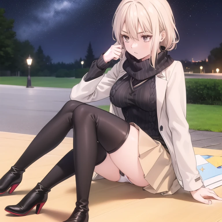(((((full body shot))))),1people々々 girl ,(masterpiece:1.2), highest quality, (((Thin legs))),((((High resolution)))), unity 8k wallpaper, (shape:0.8), Highly detailed face, Perfect lighting, Highly detailed CG,(((sitting on a park bench)))),(Big Breasts),((((white trench coat)))),((((((Black sweater)))))),((((Peach scarf)))),((((Black tight skirt)))),(((((Black long boots))))),(((Black pointed toe)))、(((Black stiletto heel)))、((((Thin legs)))),short hair,(White panties),(Put your hand on your skirt),Panchi et al.,((Starry Sky)),((((Open your jacket))))