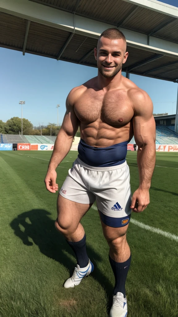 1 man rugby player ,Full body, nice naughty smile, rugby player, sport pants, rugby tight esportive uniform, (Skinhead Hairline Crew Cut), skinheads have haircuts, Black hair cone , blue alluring eyes, European 40yo man, (High shadow detail), muscular chest on rugby uniform, long legs, left arm tattoo, large mouth, field, Wide shoulders, slim waist.