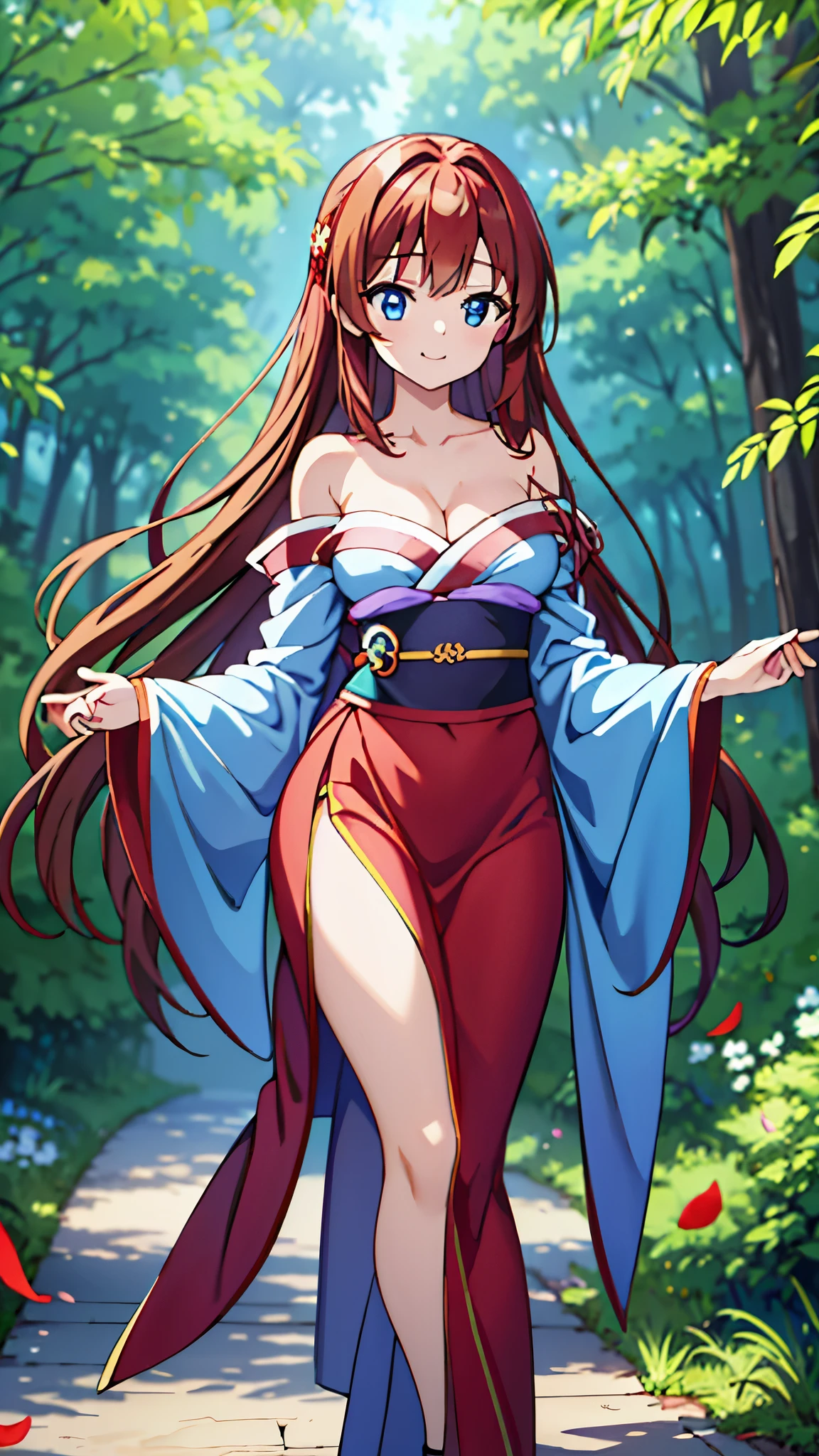 masterpiece,Japanese anime style,Beautiful girl with long straight reddish brown hair and blue eyes,Petite and cute figure,Medium breasts,beautiful face,Smile,walk in the woods, Wearing strapless gorgeous Hanfu,The breeze blew her face,petals falling from the sky,The skirt flutters,Elegant picture