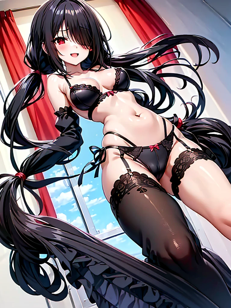 Kurumi, 1girl, arms behind back, black bra, black hair, black legwear, black panties, blush, bow, bow panties, bra, breasts, large breasts, cleavage, collarbone, diffraction spikes, garter belt, garter straps, glint, hair over one eye, hair ribbon, lens flare, lingerie, long hair, lo, king at viewer, low twintails, medium breasts, navel, open mouth, panties, red eyes, ribbon, shiny hair, smile, solo, sparkle sparkle background, standing, thighhighs, tokisaki kurumi, twintails, underwear, underwear only, very long hair, NSFW