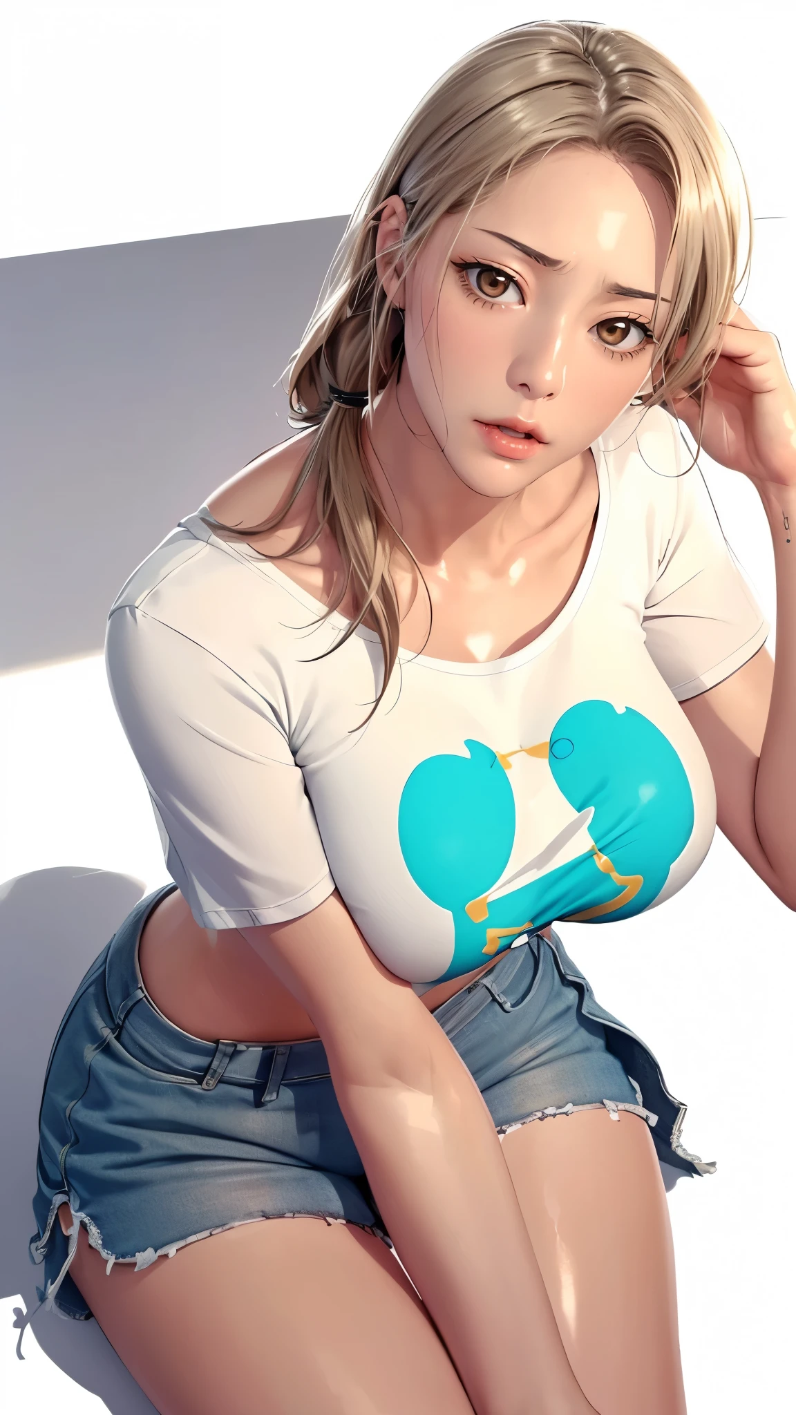 （（（完美figure，figure，solo， White and tender skin，（（（Cyberpunk，short sleeves,  dolphin shorts, t-shirt, pink shorts, white shirt, , ））），（（（MiaChadef, long hair, blonde hair, brown eyes,，））），((masterpiece)),high resolution, ((Best quality at best))，masterpiece，quality，Best quality，（（（ Exquisite facial features，Looking at the audience,There is light in the eyes，(（（lol，Happy，））），））），（（（Light and shadow，Huge breasts））），（（（Looking at the camera，White background，Lying on the ground，Look up at the camera，from above，Overlooking)）））