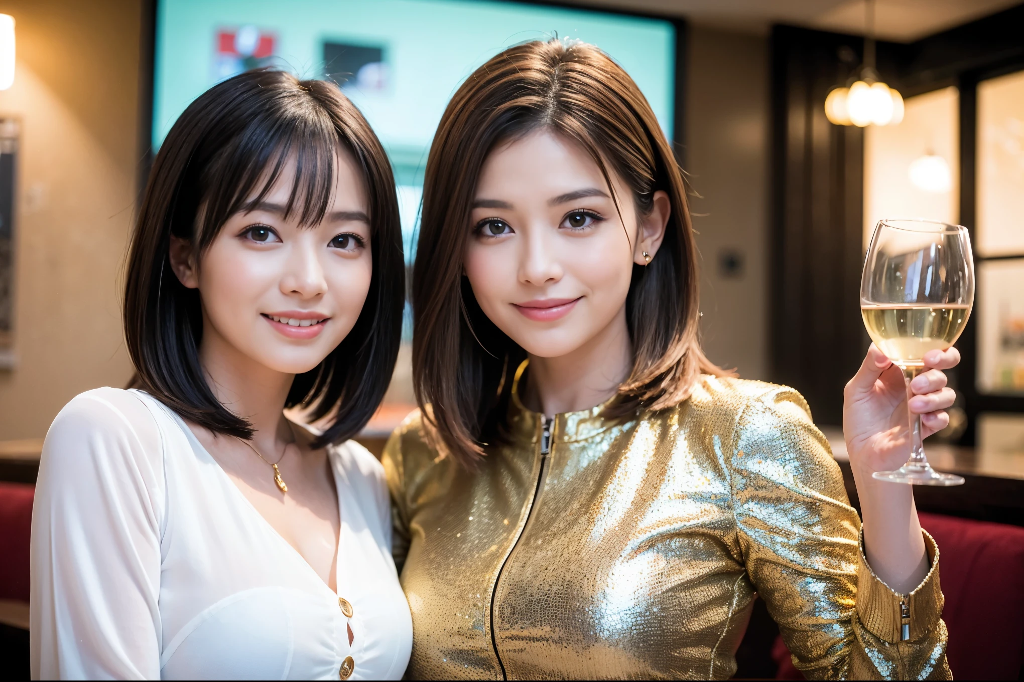 ((highest quality、8k、masterpiece:1.3))、1 male、1 female、石原さとみ似美女Couple、Spouse、Couple、The body is slim、((Bob Hale、Straight hair:1.2)), (Realistic, Intricate details:1.2), テーブルの上のwine glass、Shine light on your face、 Amazing view of the sunset sky and clouds、Amazing mountain views、A bright smile、The wonderfulness of smile、Bright image、The beauty of wine, Beautiful Face, blue eyes, The light shines on your face, Blushing, short hair,Bright Face、 (Age 37), "41 years old, red wine 、Appetizers、Italian food、Wine bottle、Champagne、sparkling wine、Two beauties、Brown Hair、Shortcuts、Long sleeve shirt、dress、Pretty Woman 1, (slimな顔), (The body is slim), (Brown Hair), (Shortcuts), cheeks turn a little red,Attractive beauty、restaurant, In a prominent place (From the waist up) Nova Frog Style, actress, model, Upper Body, White wine, slim, wine glass, 中央に置かれたwine glass, smile, (smile: 1.15), Beautiful fine grain, Depth f/2,saturation, High Contrast, Strong light and shadow,Moist Body:1.5、3D texture、Delicate eyes、Brown Hair、The hair is very shiny、