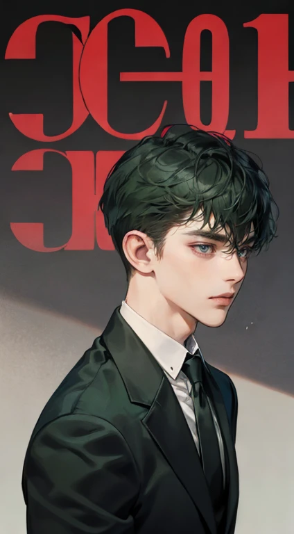 ((a young man in a black suit and tie)), taken in the early 2020s, gotham, alejandro, he looks very sophisticated, (((left side swept bang black short hair))), (dark green eyes and thick eyebrows), smirk. ((20 years old)), ((Black suite and black tie)), masterpiece, posture dynamic, one person,