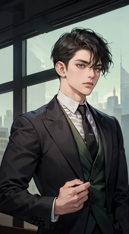 ((a young man in a black suit and tie)), taken in the early 2020s, gotham, alejandro, he looks very sophisticated, (((left side swept bang black short hair))), (dark green eyes and thick eyebrows), smirk. ((20 years old)), ((Black suite and black tie)), masterpiece, posture dynamic, one person,