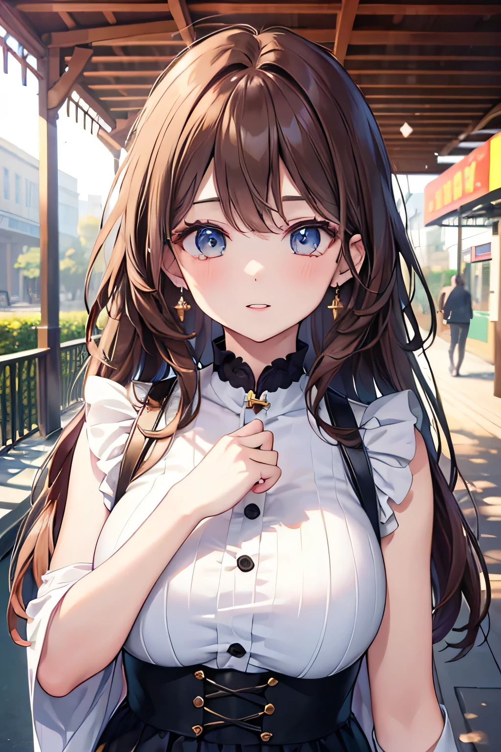 ((highest quality)), ((masterpiece)), (detailed), Perfect Face、8K、In front of the station、Brown Hair、Private Server、Upper Body、True Face、I can't think clearly、
