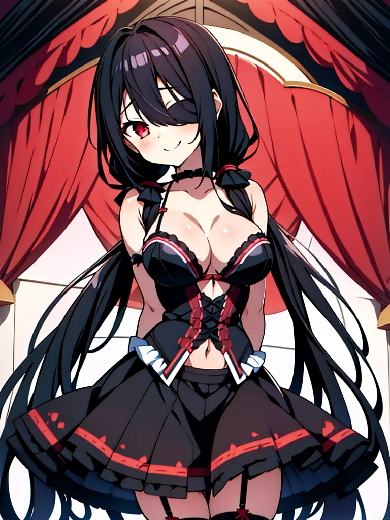 Kurumi, 1girl, arms behind back, black bra, black hair, black legwear, black panties, blush, bow, bow panties, bra, breasts, large breasts, cleavage, collarbone, diffraction spikes, garter belt, garter straps, glint, hair over one eye, hair ribbon, lens flare, lingerie, long hair, lo, king at viewer, low twintails, medium breasts, navel, open mouth, panties, red eyes, ribbon, shiny hair, smile, solo, sparkle sparkle background, standing, thighhighs, tokisaki kurumi, twintails, underwear, underwear only, very long hair, NSFW
