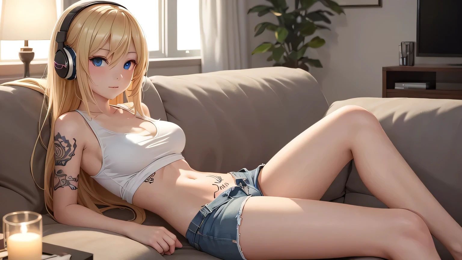 Create an image of a beautiful, erotic anime girl with long blonde hair and tattoos, showing her stomach while relaxing in a cozy lounge. She is wearing a short tank top and shorts, with headphones on, enjoying her music on the couch. The lounge is warm and dimly lit, with plush seating and personal items scattered around, creating an inviting and cozy atmosphere with soft lighting.