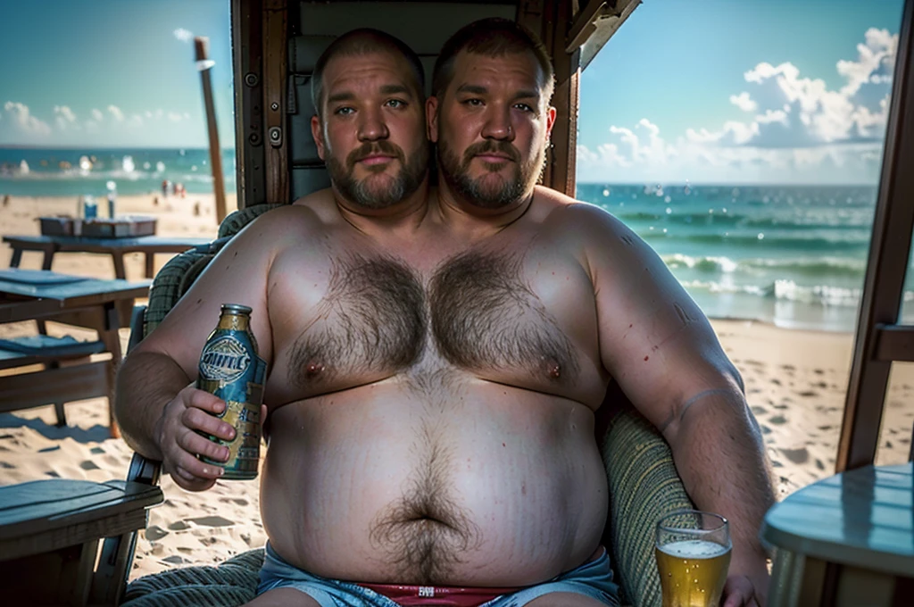 (((2heads))), solo, ((((larry the cable guy)))), middle aged, male, long hair, facial hair, (((obese, overweight, fat, chubby, heavy, dadbod, masculine, beefy))), ((shirtless, speedo)), navel, body hair, dreamy atmosphere, dark cyan and red, i can't believe how beautiful this is, serene atmosphere, epic realistic, intricate, highly detailed, (depth of field:1.4), faded, (neutral colors:1.2), (hdr:1.4), (muted colors:1.2), hyperdetailed, (artstation:1.4), cinematic, (intricate details:1.1), beach scenery, (rutkowski:0.66), (skin texture:1.2), detailed expressions, natural pose, sitting in beach chair, holding beer bottle, portrait view