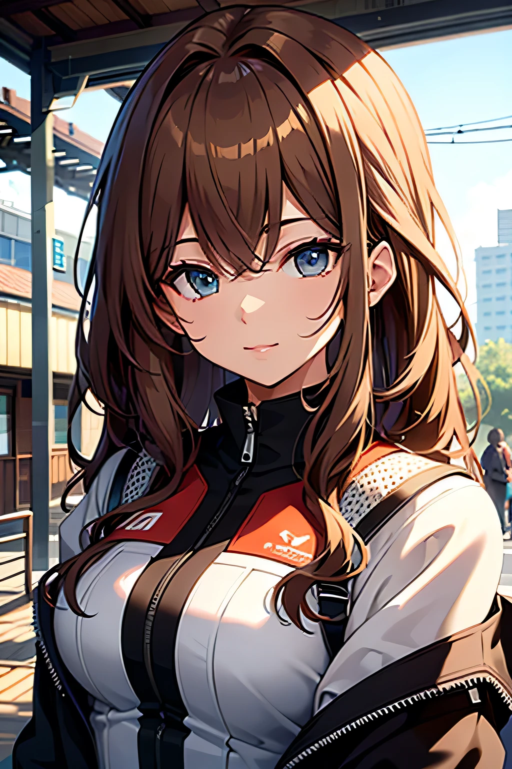 ((highest quality)), ((masterpiece)), (detailed), Perfect Face、8K、In front of the station、Brown Hair、Private Server、Upper Body、True Face、I can't think clearly、
