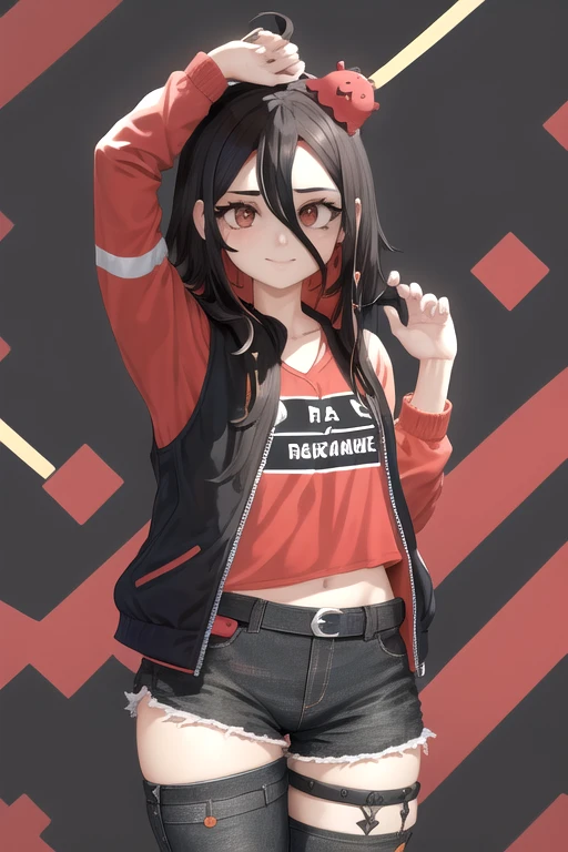 Retrato de una Vtuber argentina llamada NimuVT con calidad de obra maestra, ultra detallado, high quality and high resolution. Tiene el pelo de dos tonos con el pelo corto y negro con flequillo ligeramente desordenado, pelo largo rojo con el interior coloreado de negro, y su cabello cubre parcialmente sus ojos. Tiene ojos marrones oscuros y penetrantes, y un ojo es negro y el otro rojo. Tiene una figura delgada, bien definida y con busto prominente. El esta sonriendo con la boca abierta, sonrojada y lleva una gargantilla negra. Viste pantalones cortos negros rasgados, zapatillas de tenis azules y una blusa rosa con tirantes que deja ver el ombligo. Sostiene un hacha en su mano derecha, lleva una mochila en la espalda y una chaqueta con los hombros descubiertos. He is looking at the viewer on a black background..