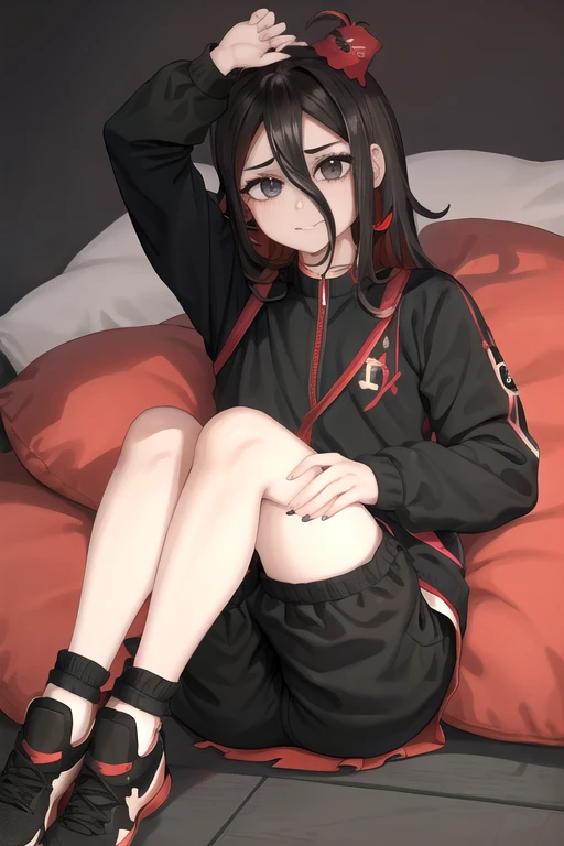 Retrato de una Vtuber argentina llamada NimuVT con calidad de obra maestra, ultra detallado, high quality and high resolution. Tiene el pelo de dos tonos con el pelo corto y negro con flequillo ligeramente desordenado, pelo largo rojo con el interior coloreado de negro, y su cabello cubre parcialmente sus ojos. Tiene ojos marrones oscuros y penetrantes, y un ojo es negro y el otro rojo. Tiene una figura delgada, bien definida y con busto prominente. El esta sonriendo con la boca abierta, sonrojada y lleva una gargantilla negra. Viste pantalones cortos negros rasgados, zapatillas de tenis azules y una blusa rosa con tirantes que deja ver el ombligo. Sostiene un hacha en su mano derecha, lleva una mochila en la espalda y una chaqueta con los hombros descubiertos. He is looking at the viewer on a black background..