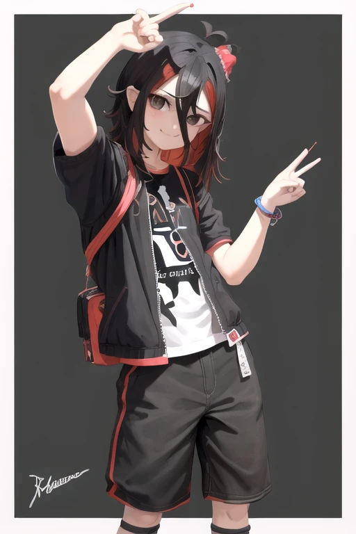 Retrato de una Vtuber argentina llamada NimuVT con calidad de obra maestra, ultra detallado, high quality and high resolution. Tiene el pelo de dos tonos con el pelo corto y negro con flequillo ligeramente desordenado, pelo largo rojo con el interior coloreado de negro, y su cabello cubre parcialmente sus ojos. Tiene ojos marrones oscuros y penetrantes, y un ojo es negro y el otro rojo. Tiene una figura delgada, bien definida y con busto prominente. El esta sonriendo con la boca abierta, sonrojada y lleva una gargantilla negra. Viste pantalones cortos negros rasgados, zapatillas de tenis azules y una blusa rosa con tirantes que deja ver el ombligo. Sostiene un hacha en su mano derecha, lleva una mochila en la espalda y una chaqueta con los hombros descubiertos. He is looking at the viewer on a black background..