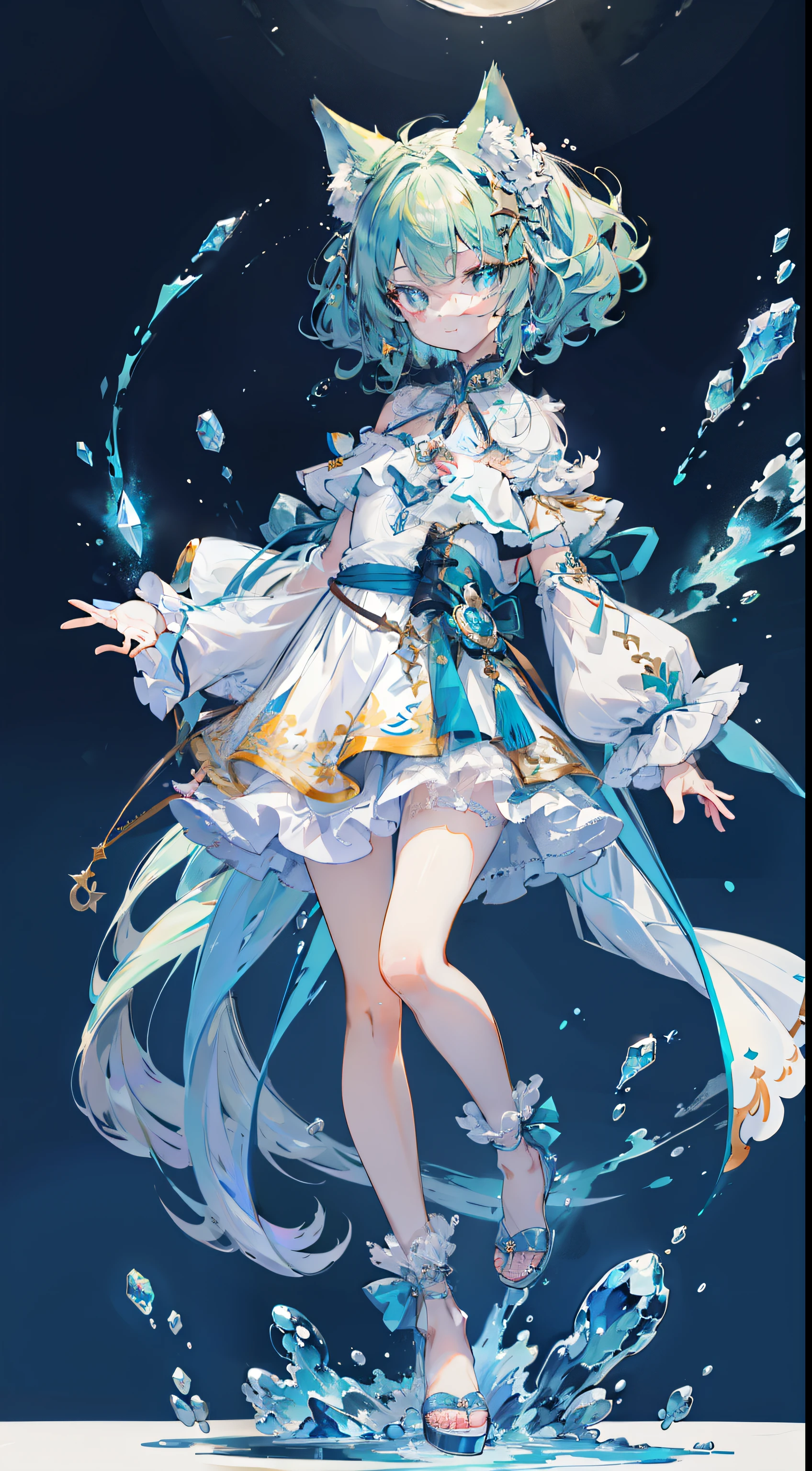 ((Tabletop, highest quality:1.1))、8k、(Full body standing pose)、Beautiful girl with green hair,curly,Disheveled Hair,Cat ears, White Dress,A deep blue gemstone is set in the chest........,barefoot,Put a blue ring on your ankle,(Holds blue gemstone wand perfectly),Behind him is a shooting star in the night sky々is spreading,The moon is in the sky、With a smile
