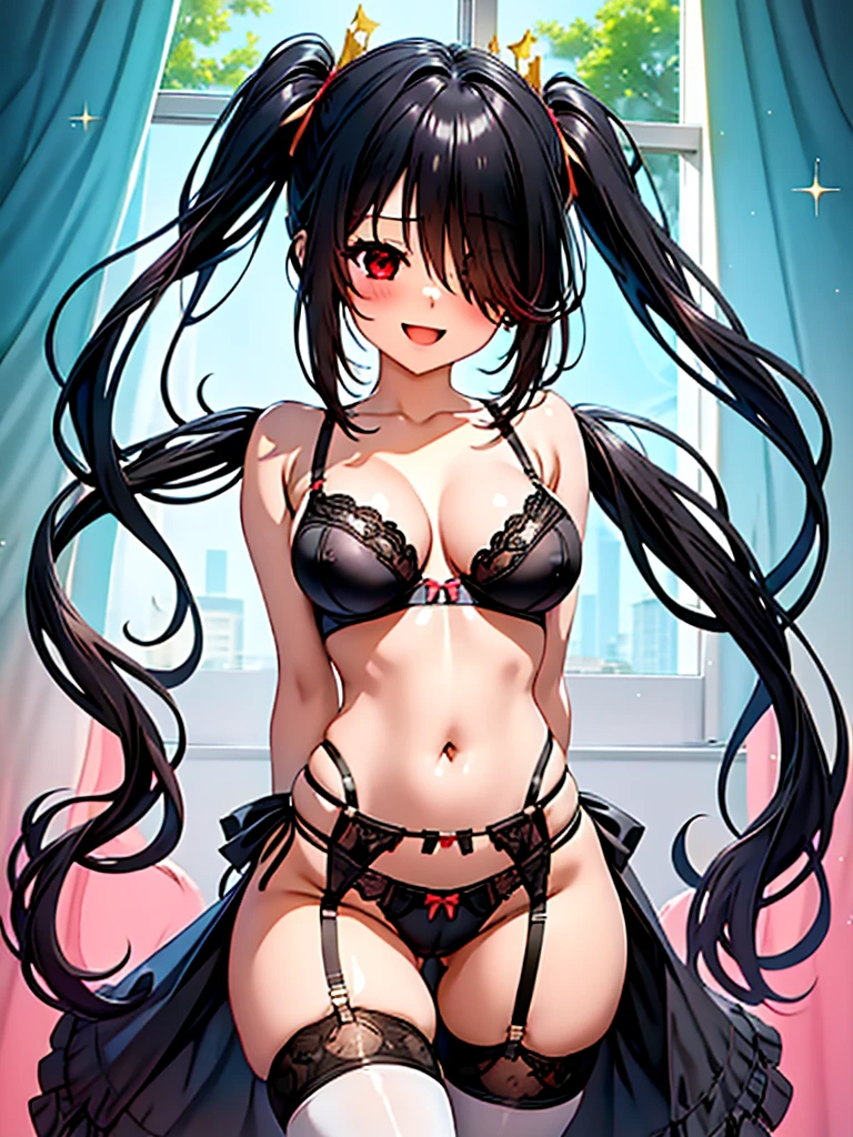 Kurumi, 1girl, arms behind back, black bra, black hair, black legwear, black panties, blush, bow, bow panties, bra, breasts, large breasts, cleavage, collarbone, diffraction spikes, garter belt, garter straps, glint, hair over one eye, hair ribbon, lens flare, lingerie, long hair, lo, king at viewer, low twintails, medium breasts, navel, open mouth, panties, red eyes, ribbon, shiny hair, smile, solo, sparkle sparkle background, standing, thighhighs, tokisaki kurumi, twintails, underwear, underwear only, very long hair, NSFW