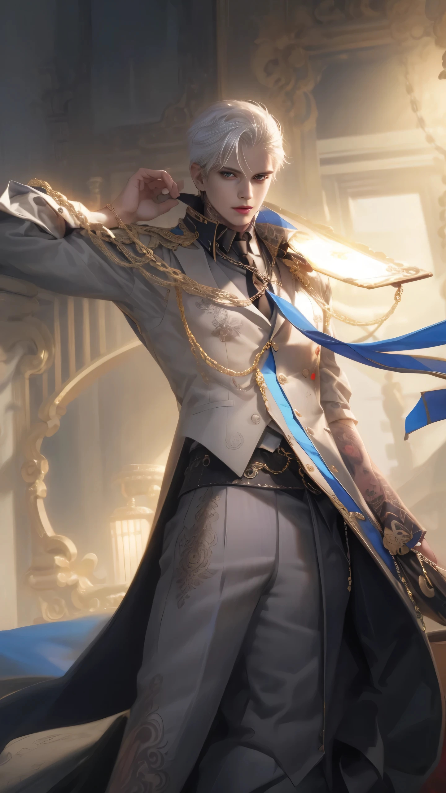 (masterpiece,best quality,ultra_detailed,highres,absurdres),1boy, male focus, tattoo, solo, white hair,chain, shirt, black necktie, necktie, simple background, yellow eyes, upper body, vest, short hair, looking at viewer, parted lips, collared shirt, round eyewear, long sleeves, neck tattoo, hand on own shoulder, arm tattoo, black shirt, red background, brown vest, monocle, jewelry (looking away:1.2)