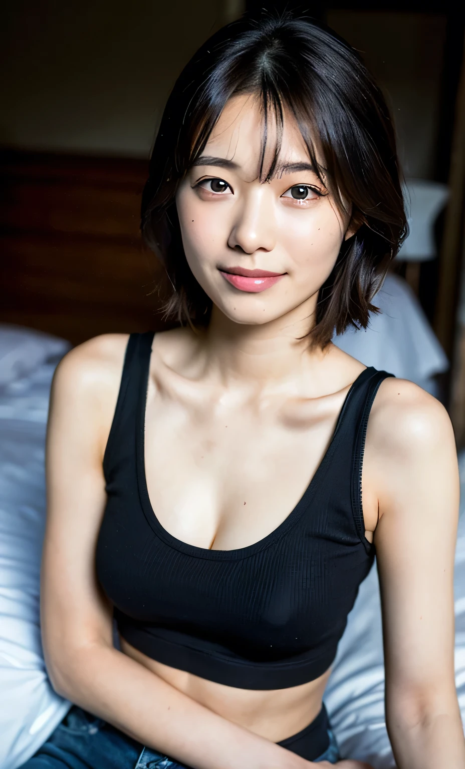 Pink Tank Top, hot pants, bed, (8k, RAW Photos, Realistic: 1.25), , Cute Face, Baby Face, Pretty lips, smile, Short hair with bangs, Lots of lip gloss, Lots of eyelashes, Watery eye, highest quality, Ultra-high resolution, Depth of written boundary, chromatic aberration, caustic, Wide Light, Natural Color,