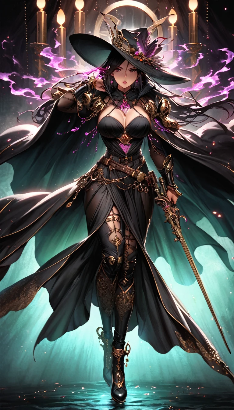 (masterpiece), (best quality:1.4), (perfect anatomy:1.4), high quality, expressive eyes, full body, detailed face, beautiful face, perfect face, {1 girl}, In her human form, Danua possesses an aura of mystery and quiet strength. She stands at a moderate height, around 5 feet 8 inches tall, with a slender yet athletic build that speaks of both grace and resilience. Her complexion is a rich, dark hue, reminiscent of polished mahogany, lending her an air of exotic beauty that sets her apart in any crowd. Danua's features are striking yet enigmatic, with high cheekbones, a sculpted jawline, and full lips that often curve into a thoughtful expression. Her eyes, a deep emerald green, hold a glint of intelligence and intensity, hinting at the depths of wisdom and experience hidden within. Cascading waves of black hair frame her face, falling in loose curls that dance with every movement, adding to her ethereal allure. She often keeps her hair partially concealed beneath a hooded cloak, adding to her mysterious aura. In her attire, Danua favors garments that blend functionality with elegance, often opting for dark colors and flowing fabrics that allow for of movement. She may be seen wearing a long, flowing cloak that billows behind her like a shadowy veil, adding to her air of mystique., dynamic lighting, 4k resolution, dynamic pose, gothic background, steampunk_costume, hat, curvy, gothicpunkai, jim lee, dark skin, dark skinned female, black hair, ((pants)), belts, dark cloak,
