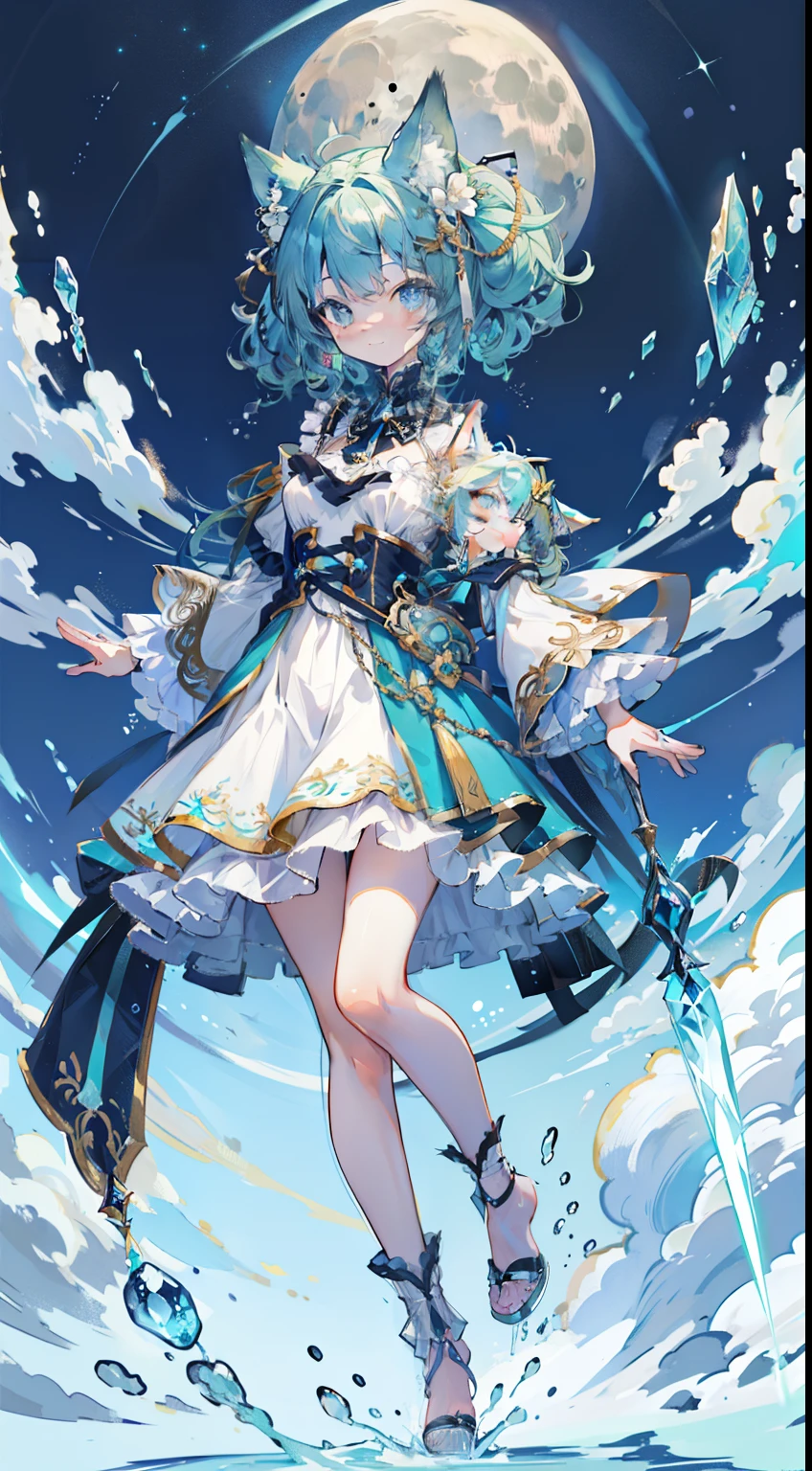 ((Tabletop, highest quality:1.1))、8k、(Full body standing pose)、Beautiful girl with green hair，curly，Disheveled Hair，Cat ears, White Dress，A deep blue gemstone is set in the chest........，barefoot，Put a blue ring on your ankle，(Holds blue gemstone wand perfectly)，Behind him is a shooting star in the night sky々is spreading，The moon is in the sky、With a smile