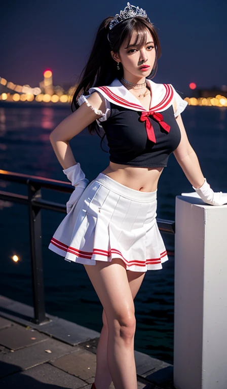 One girl,Long Hair,(Put your arms behind your back)Large 、Narrow waist、Wide Hips (high quality,8k,Black Hair, Realistic, 最high quality,masterpiece,Super detailed, Absurd)1.5,((SAMA1, tiara, Sailor Warrior Uniform, Ripped and tattered clothes、White gloves, Red sailor collar, Red Skirt)),Night City,White gloves,Purple ribbon,Purple eyes, (Magical World,fire),High heels,slave、Chain one's hands behind one's back、