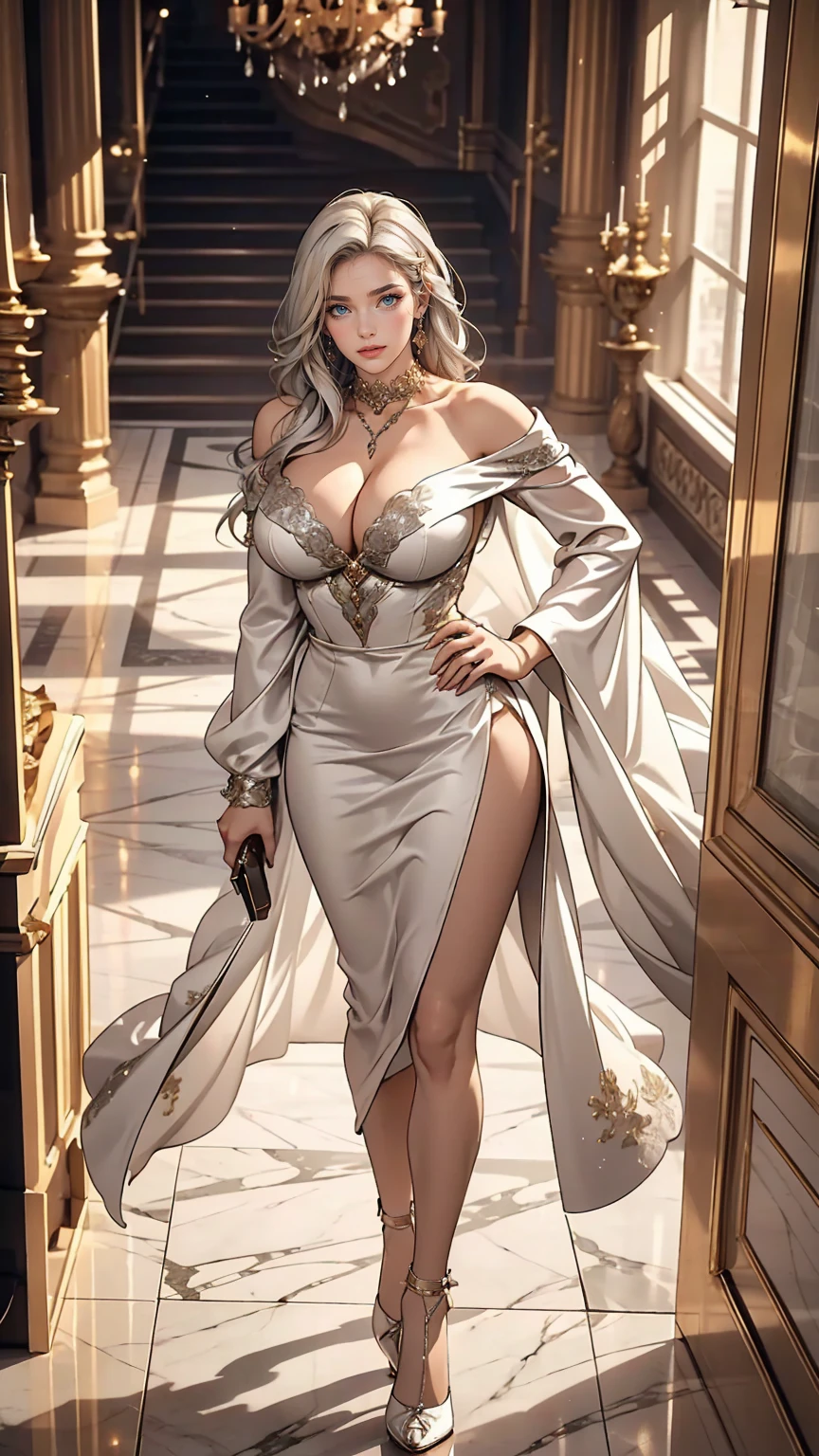 White woman、Silver Hair、Straight Hair、long hair、Sexy proportions、Big Breasts、Cleavage Emphasis、Wear an off-the-shoulder dress、Wear stiletto heels、smile、View from above、Marble floor、Inside the majestic building、Place your hands on your hips