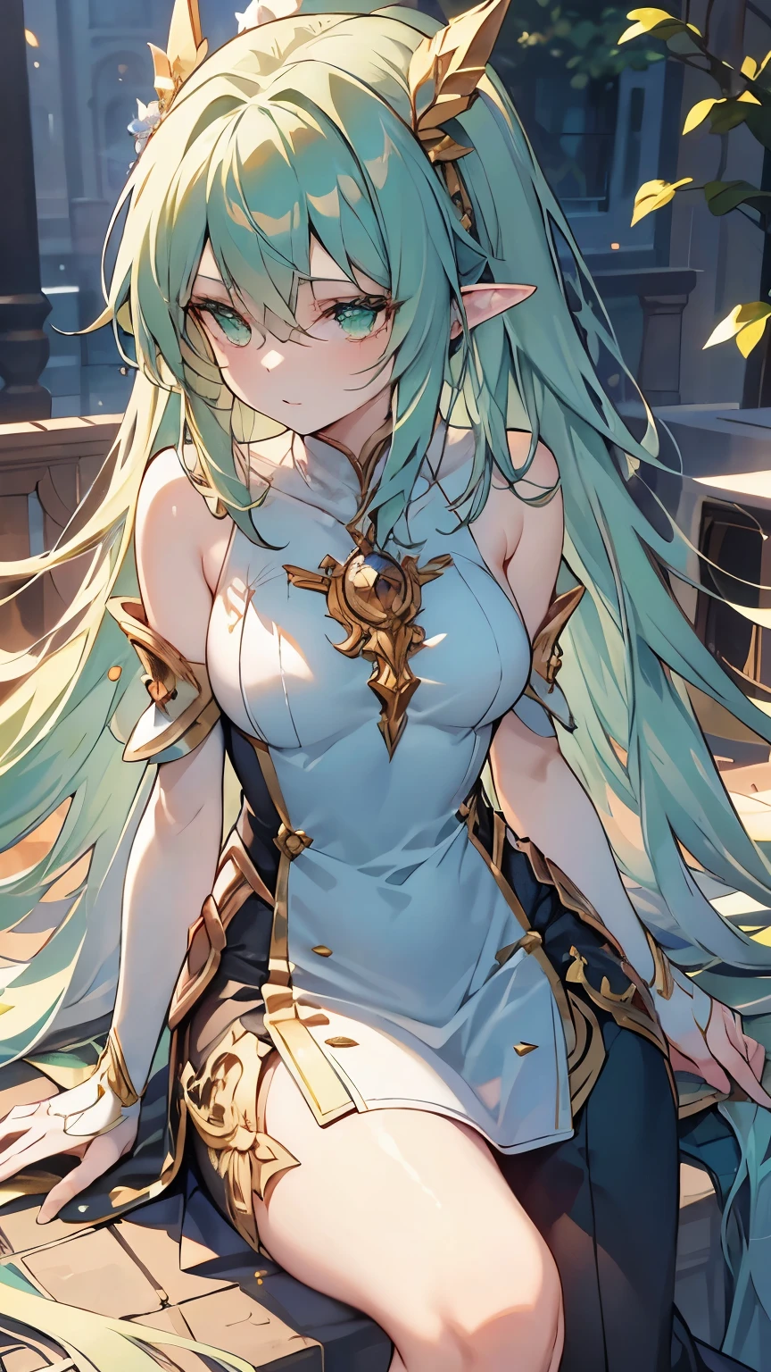 green hair, very long hair, floating hair, big hair, eyeball, green eyes, high detailed eyes, long pointy ears, anime, by Alfons Mucha, blending, masterpiece, accurate, textured skin, best quality, highres, super detail, 8k,elf, mature lady, green dress, Intricately embroidered dress, Fresh green leaves, Elven Wizard, Sitting with knees hugged