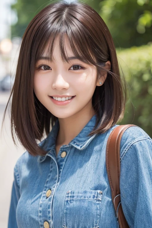 Produce the highest quality and highest resolution 8K images。The model is a 20-year-old Japanese woman.。The image depicts her posing and smiling for the camera.。She has brown eyes and a model figure.、She has an idol-level cute face.。Her hair is bob。Skin has a healthy color。Clothes、I'm wearing early summer clothes。