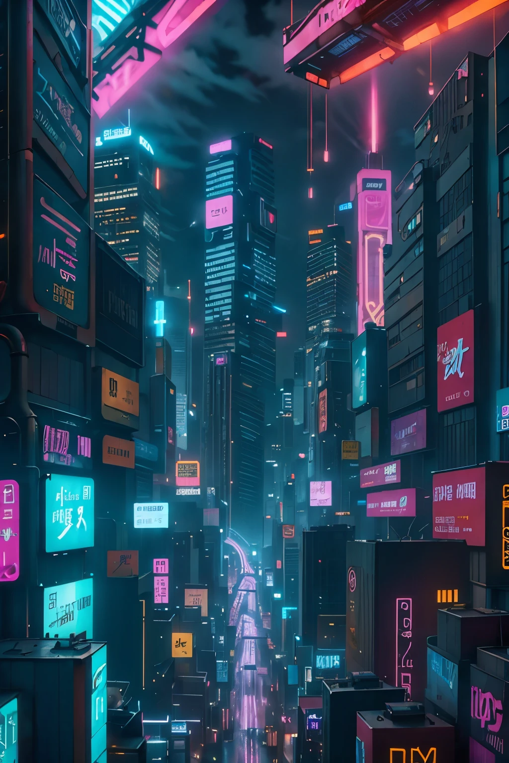 Neon city, neon lights in fuchsia and sky blue, black buildings, tall buildings, dark night, Japanese letters