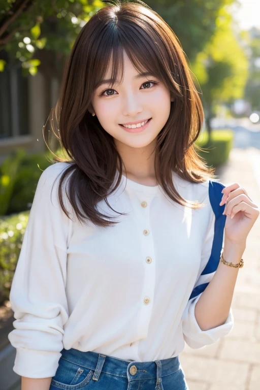 Produce the highest quality and highest resolution 8K images。The model is a 20-year-old Japanese woman.。The image depicts her posing and smiling for the camera.。She has brown eyes and a model figure.、She has an idol-level cute face.。Her hair is bob。Skin has a healthy color。Clothes、I&#39;m wearing early summer clothes。