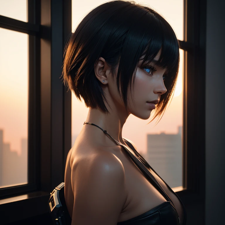 photo of a stylish beautiful girl, asymmetric hair cut, cyberpunk aestethic, heavenly beauty, 8k, 50mm, f/1. 4, high detail, sharp focus, cowboy shot, perfect anatomy, arms behind back, sunshine on her face, sunset, window side, (Masterpiece:1.3), (best quality:1.3),