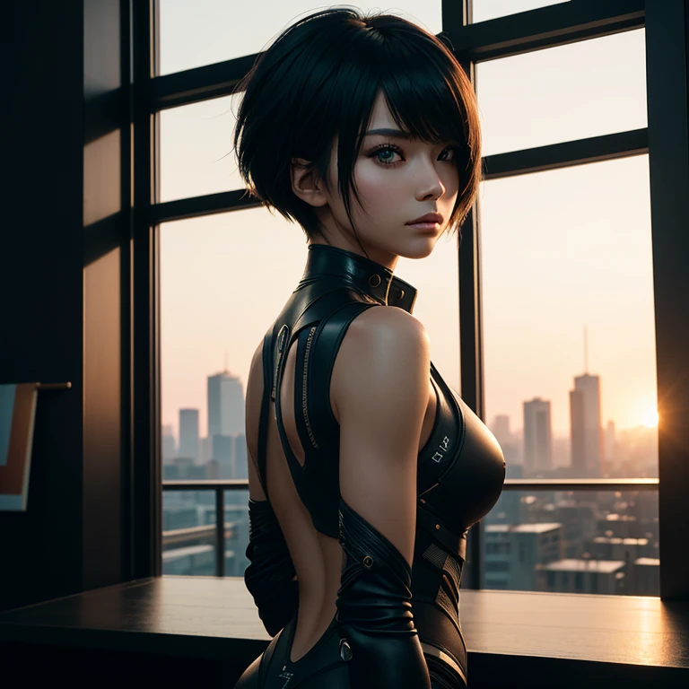 photo of a stylish beautiful girl, asymmetric hair cut, cyberpunk aestethic, heavenly beauty, 8k, 50mm, f/1. 4, high detail, sharp focus, cowboy shot, perfect anatomy, arms behind back, sunshine on her face, sunset, window side, (Masterpiece:1.3), (best quality:1.3),